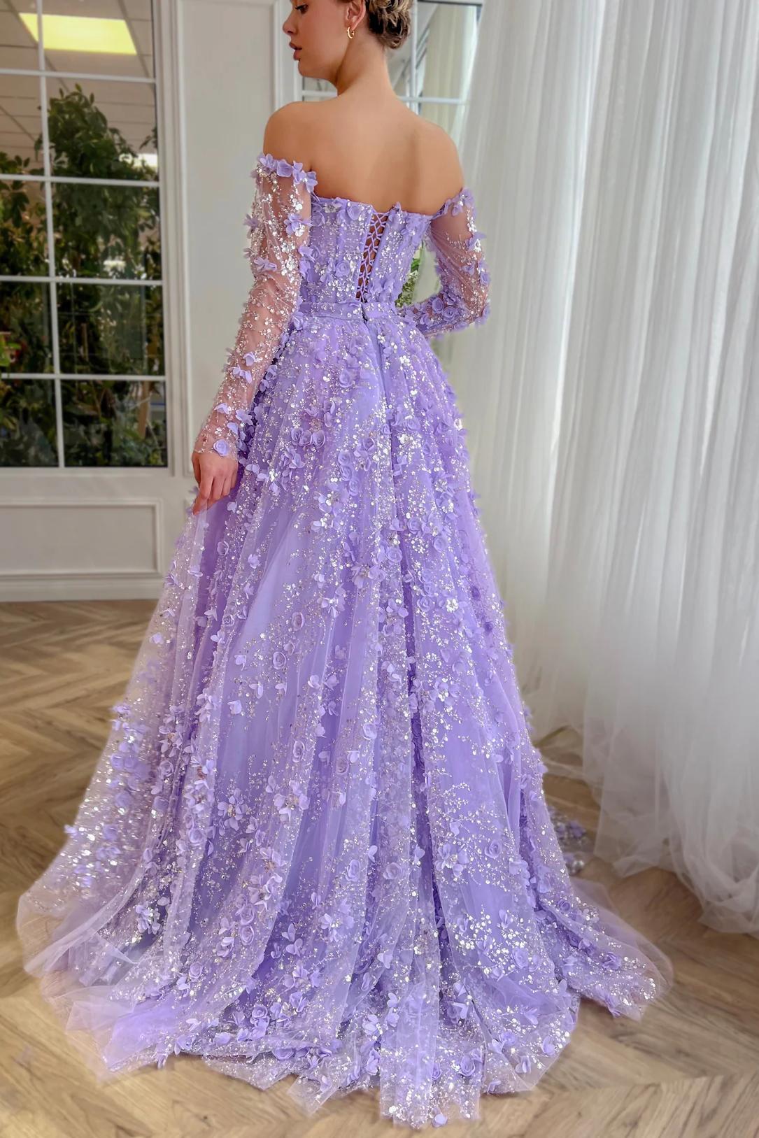 3D Flowers Pink Prom Dress Off The Shoulder Formal Dress With Panel Train
