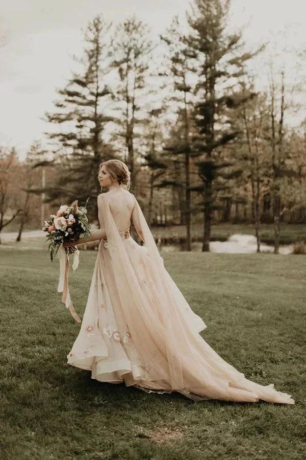 3D Flower Colorful V Neck Tulle Forest Wedding Dresses (ZD16135)