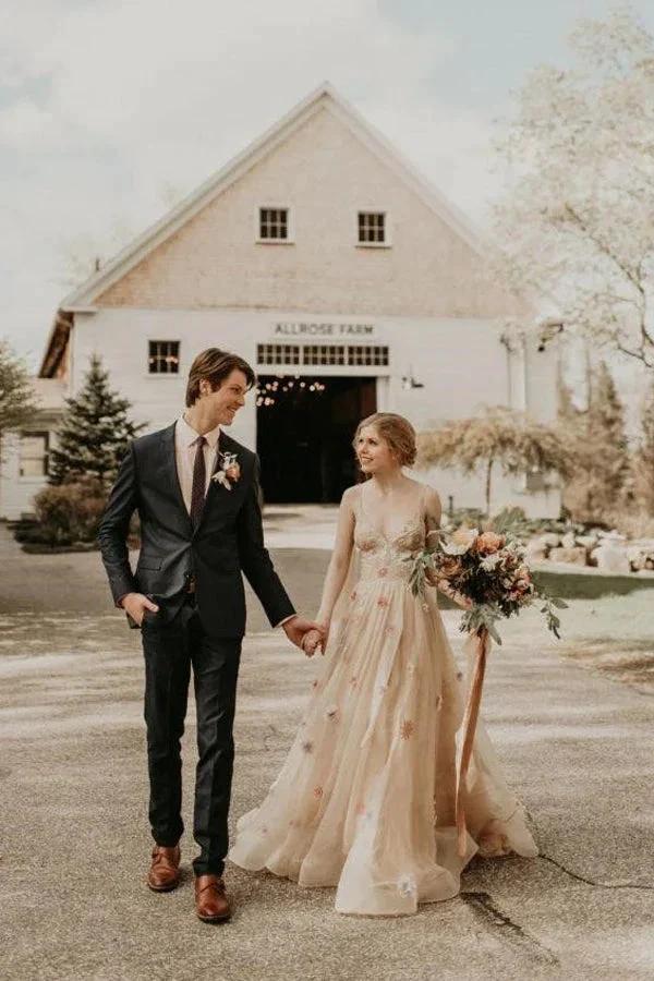 3D Flower Colorful V Neck Tulle Forest Wedding Dresses (ZD16135)