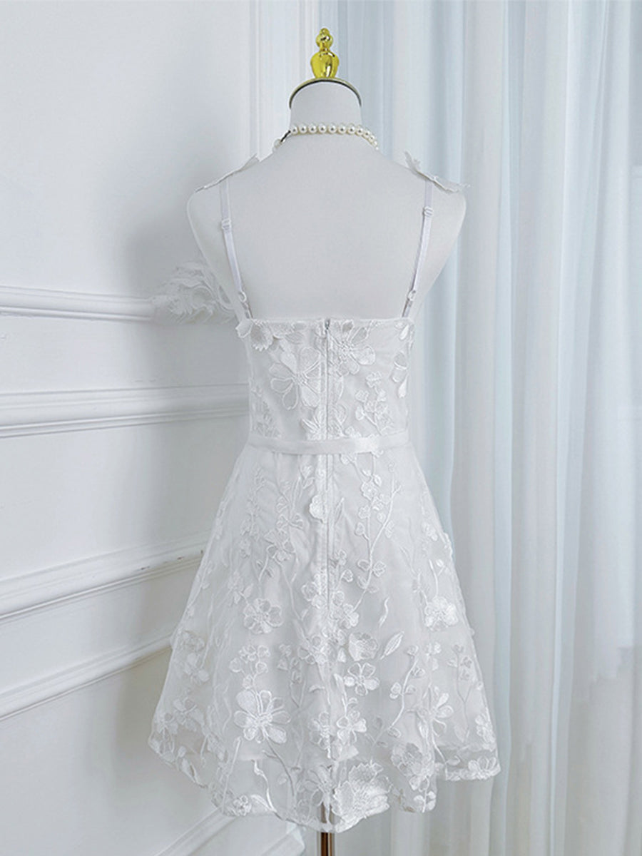 3D Floral Embroidery Tulle V-Neck Lace Mesh Homecoming Mini Dress