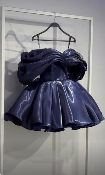 Sexy Off The Shoulder Navy Blue Satin Pleated Short Homecoming Dress Birthday Outfits D4754