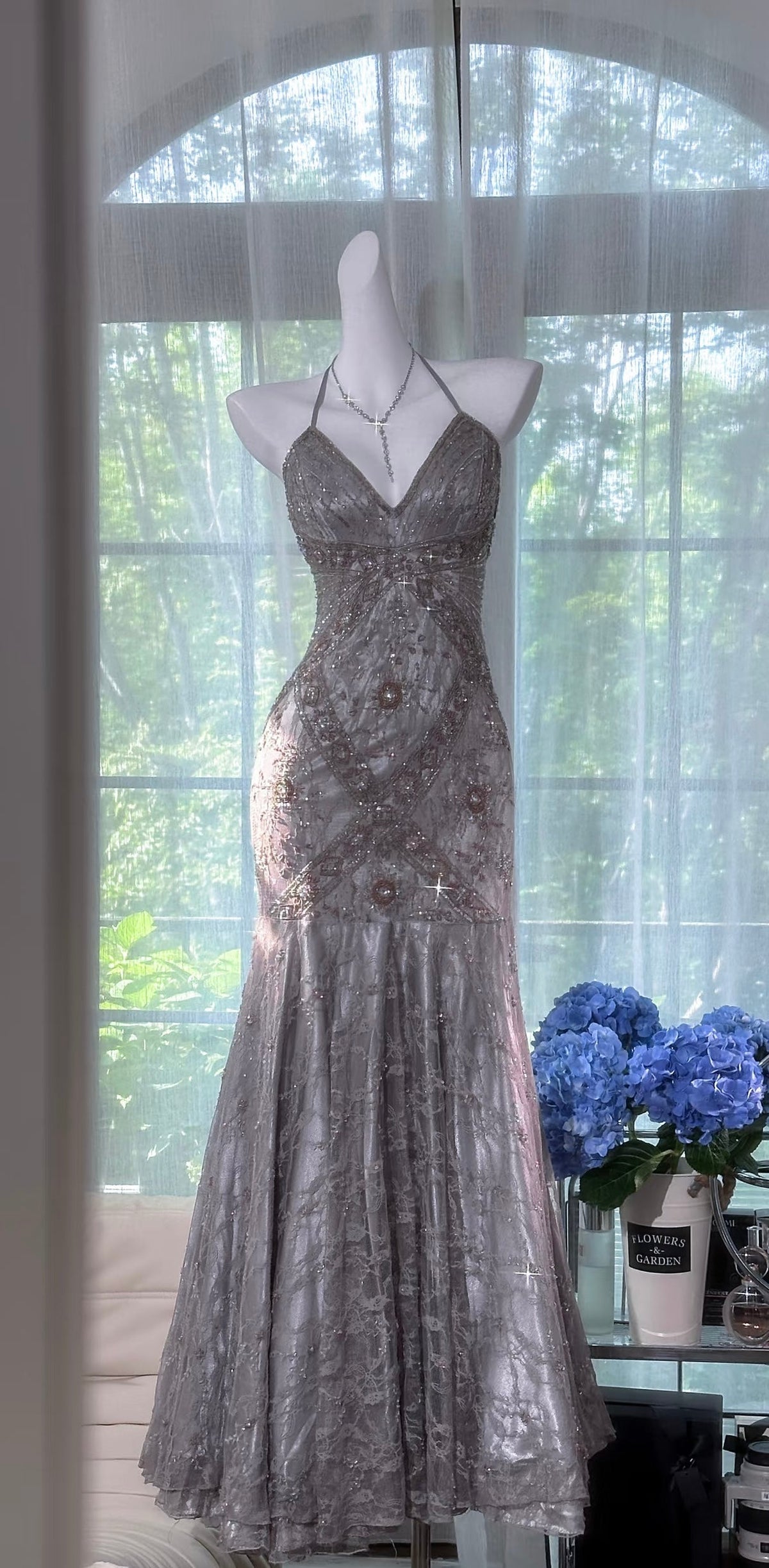 Halter Silver Long Prom Dress Lace Beaded Formal Party Dress J8408