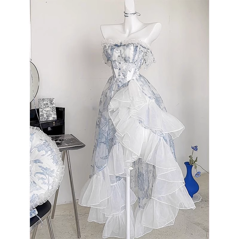 Vintage High Low Strapless Floor Length Light Blue Flowers Prom Dresses Birthday Dress