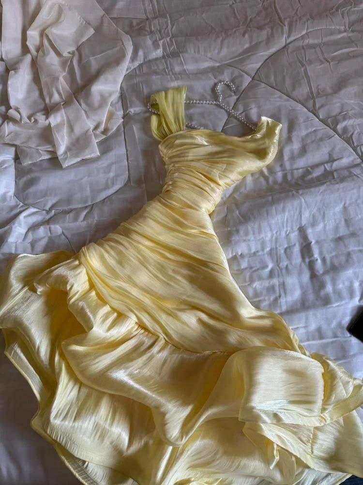 Classy Yellow Tulle Pleated Ruffles Mermaid Long Party Dress Birthday Evening Dress D4763