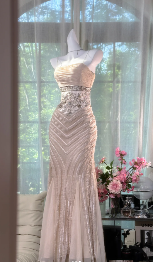 Classy Spaghetti Straps Chiffon Beaded Mermaid Evening Dress Long Party Gown - FashionDia