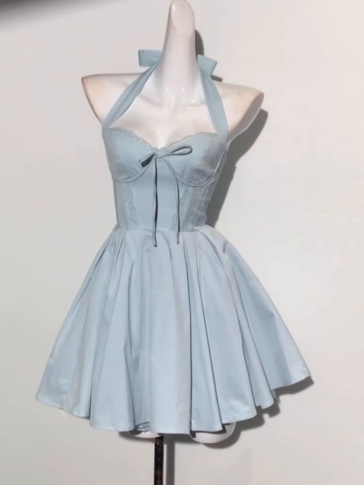 Blue Halter Neck A Line Short Birthday Dress Homecoming Dress