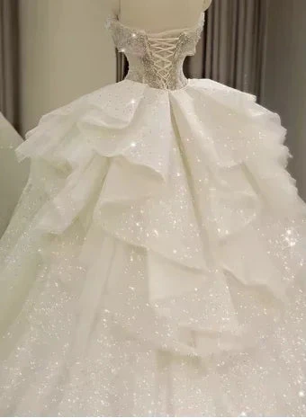 Off Shoulder Wedding Dresses, Large Trailing Princess Tail Dress, Backless White Wedding Dress (ZD13709)
