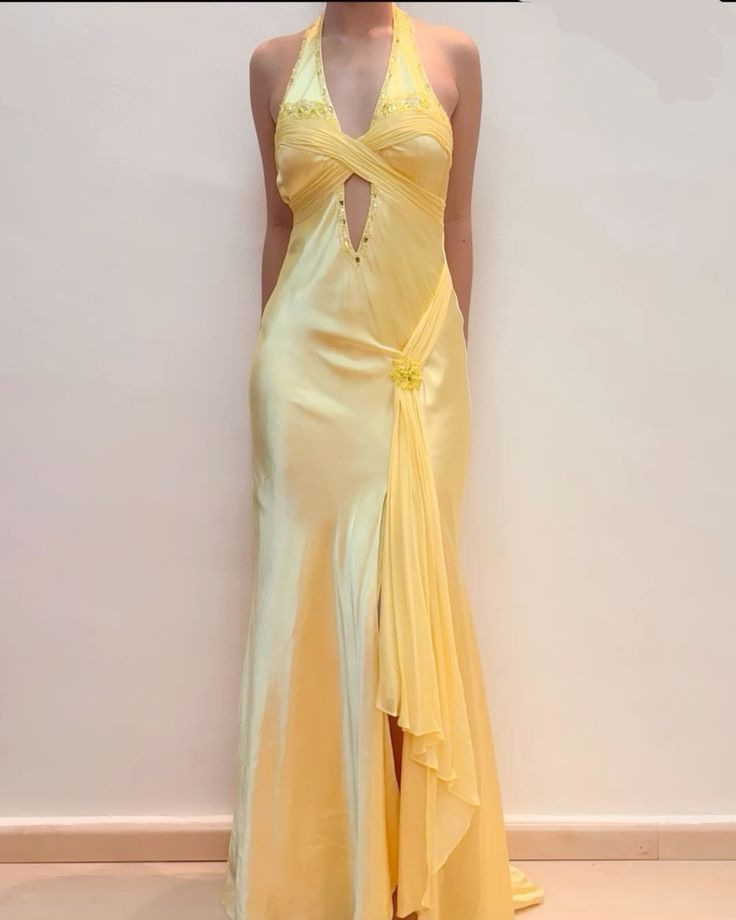 Yellow Halter Satin Beaded Mermaid Prom Dress，Slit Long Party Evening Dress