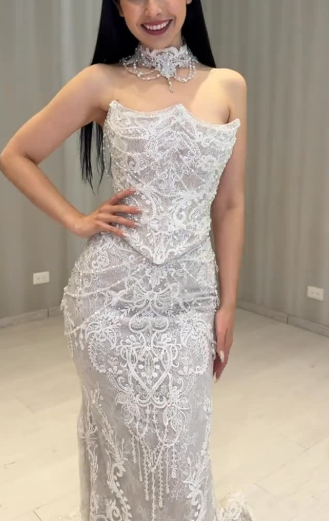 Gorgeous Strapless White Tulle Lace Beaded Mermaid Long Wedding Dress