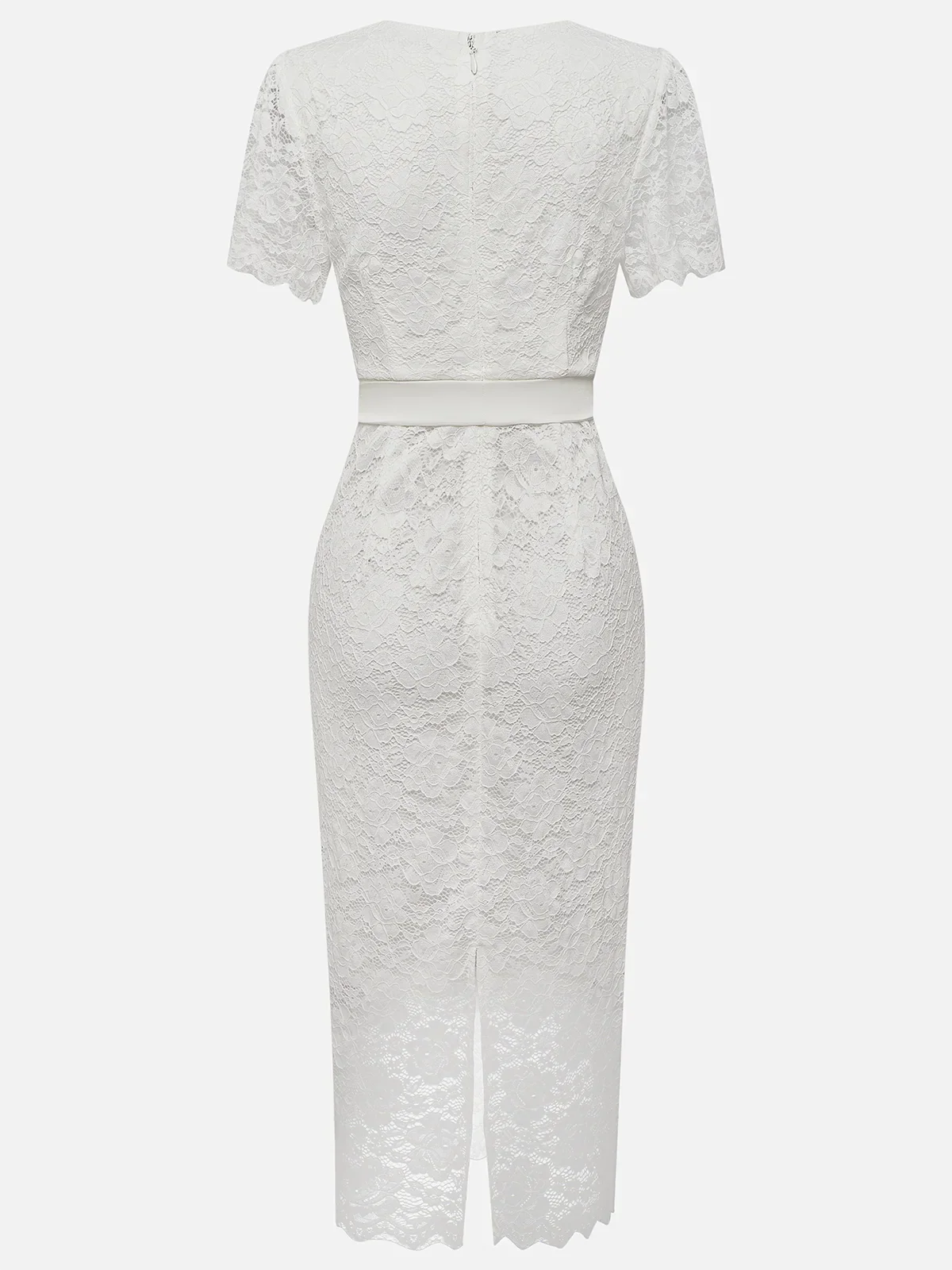 White Bow Lace V Neck Short Sleeve Sheath Midi Dress