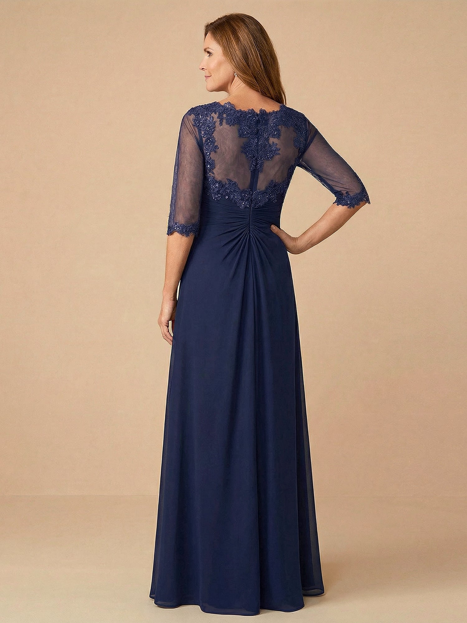 Half Sleeves Lace Applique Scoop Neck Chiffon Mother of the Bride Dress