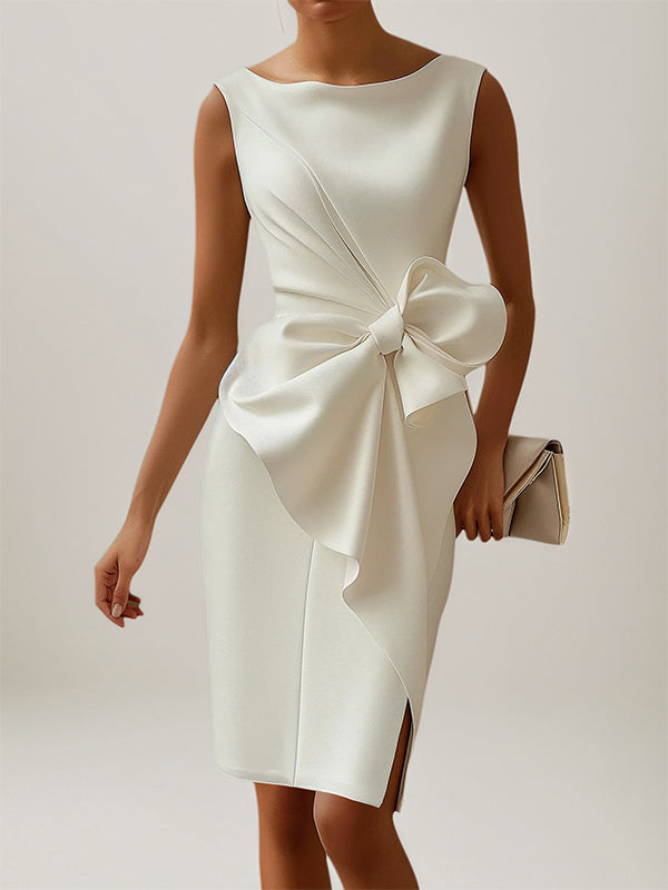 White Stretch Crepe Round Neck Sleeveless Knee Length Dress With Bow