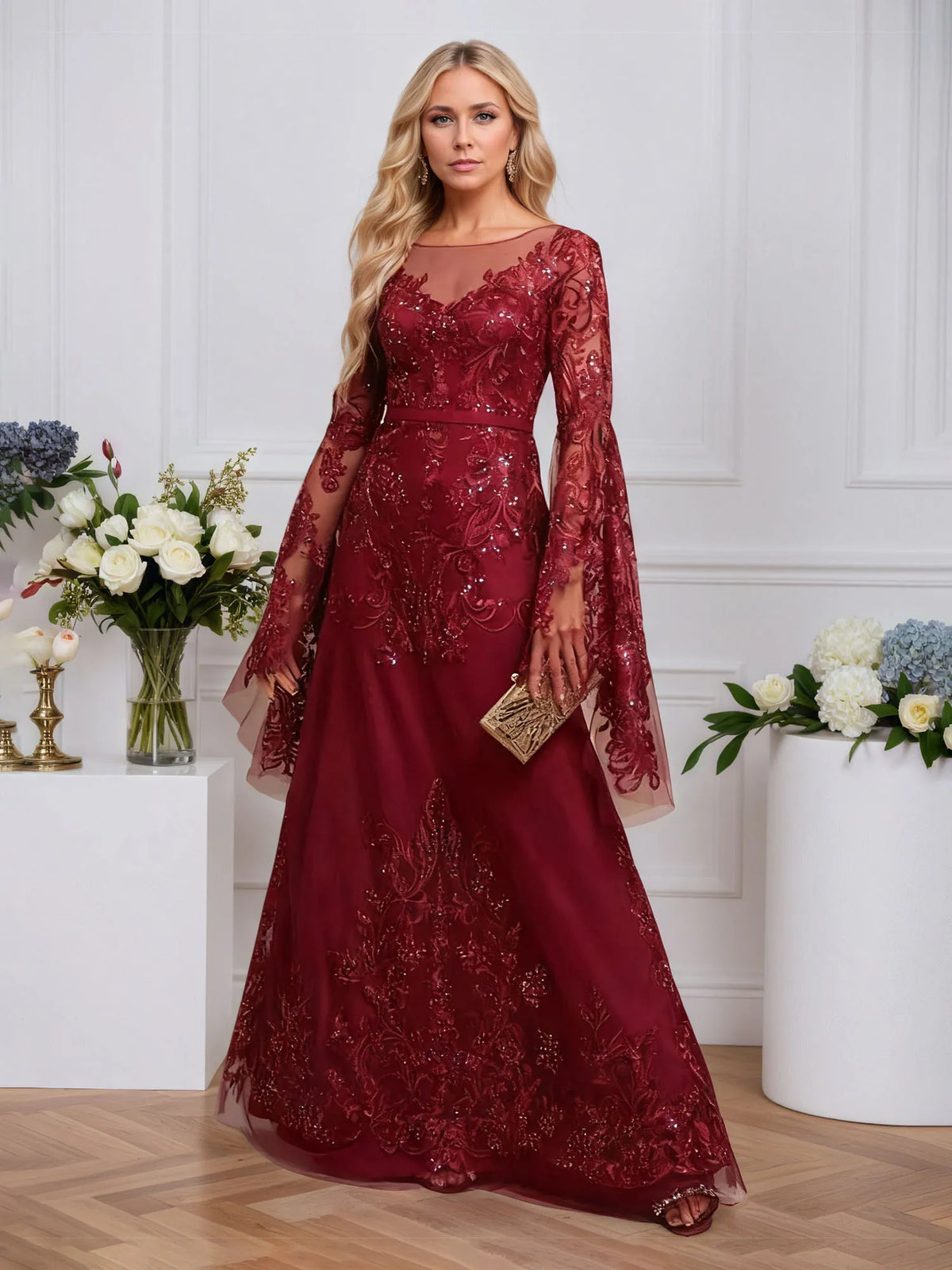 A-line Scoop Illusion Floor-Length Tulle Lace Evening Dress With Sequins - FashionDia