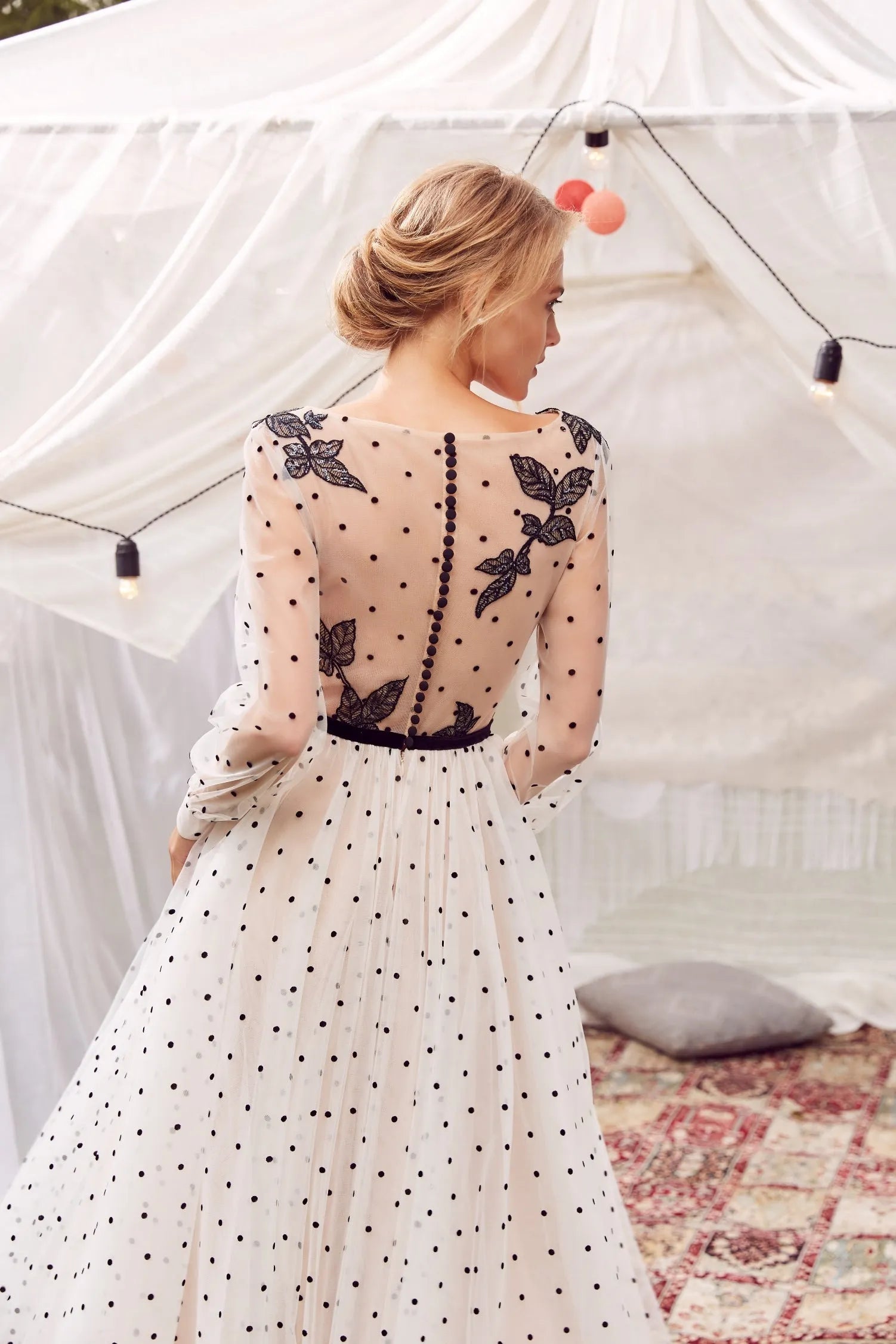 Fashion Dotted Tulle Prom Dress A-Line Ruched Long Sleeves 3D Butterfly Formal Evening Dress Floor Length Party Gowns