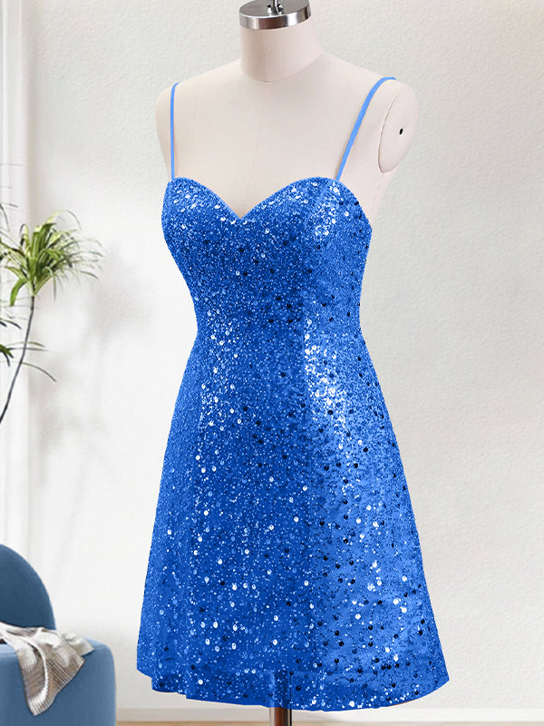 Sparkly Spaghetti Straps Corset Tight Short Homecoming Dress with Sequins