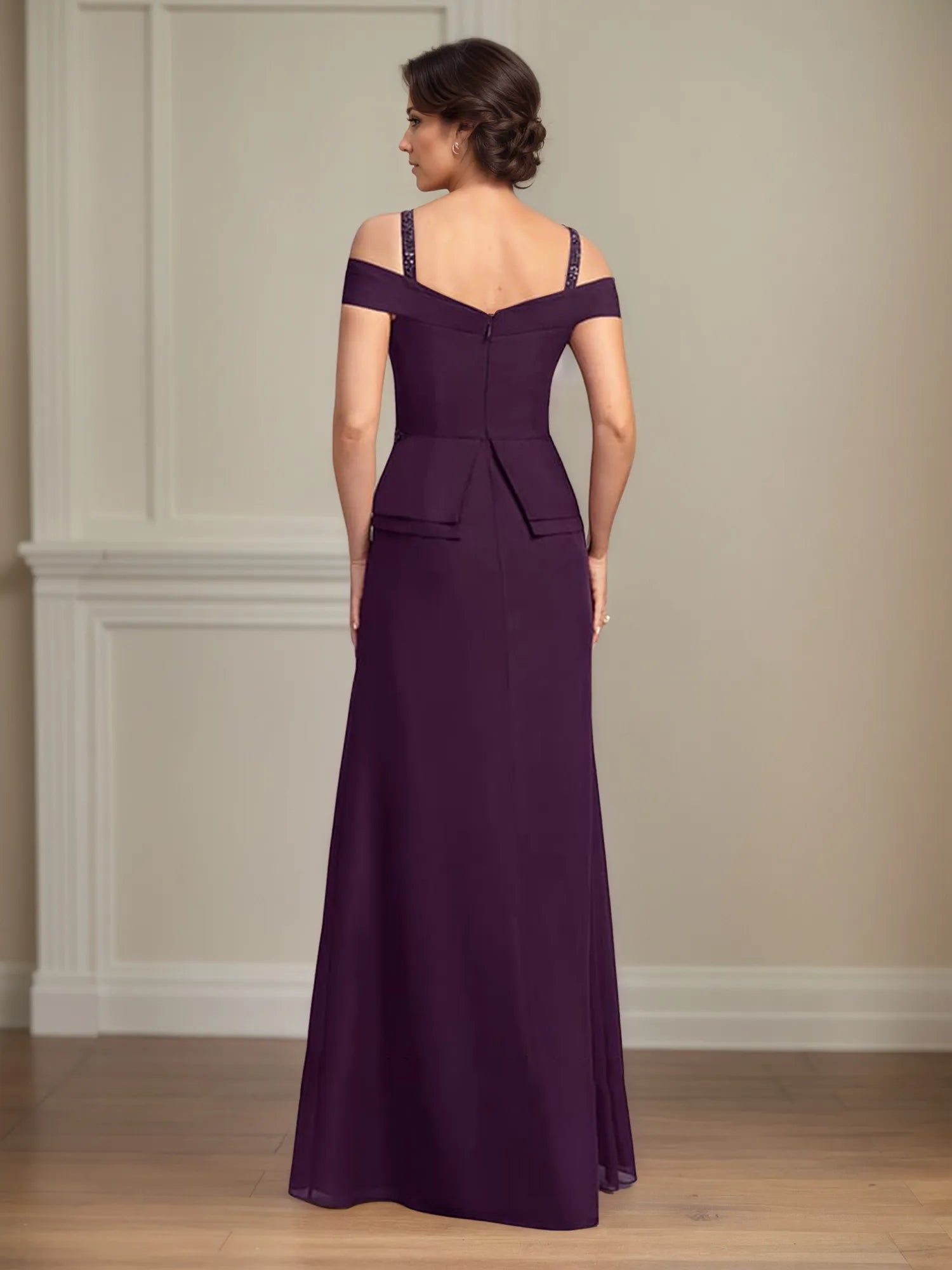 A Line Cold Shoulder Floor Length Chiffon Mother of the Bride Dress With Beading Sequins