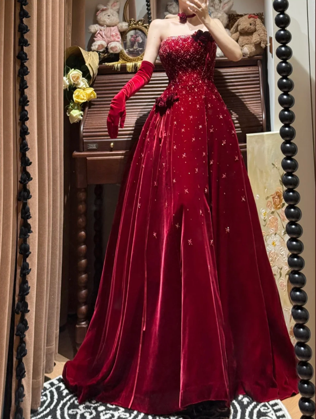 Pretty Burgundy Strapless Velvet Beaded Long Birthday Party Dress Evening Dress - View 5 | FashionDia
