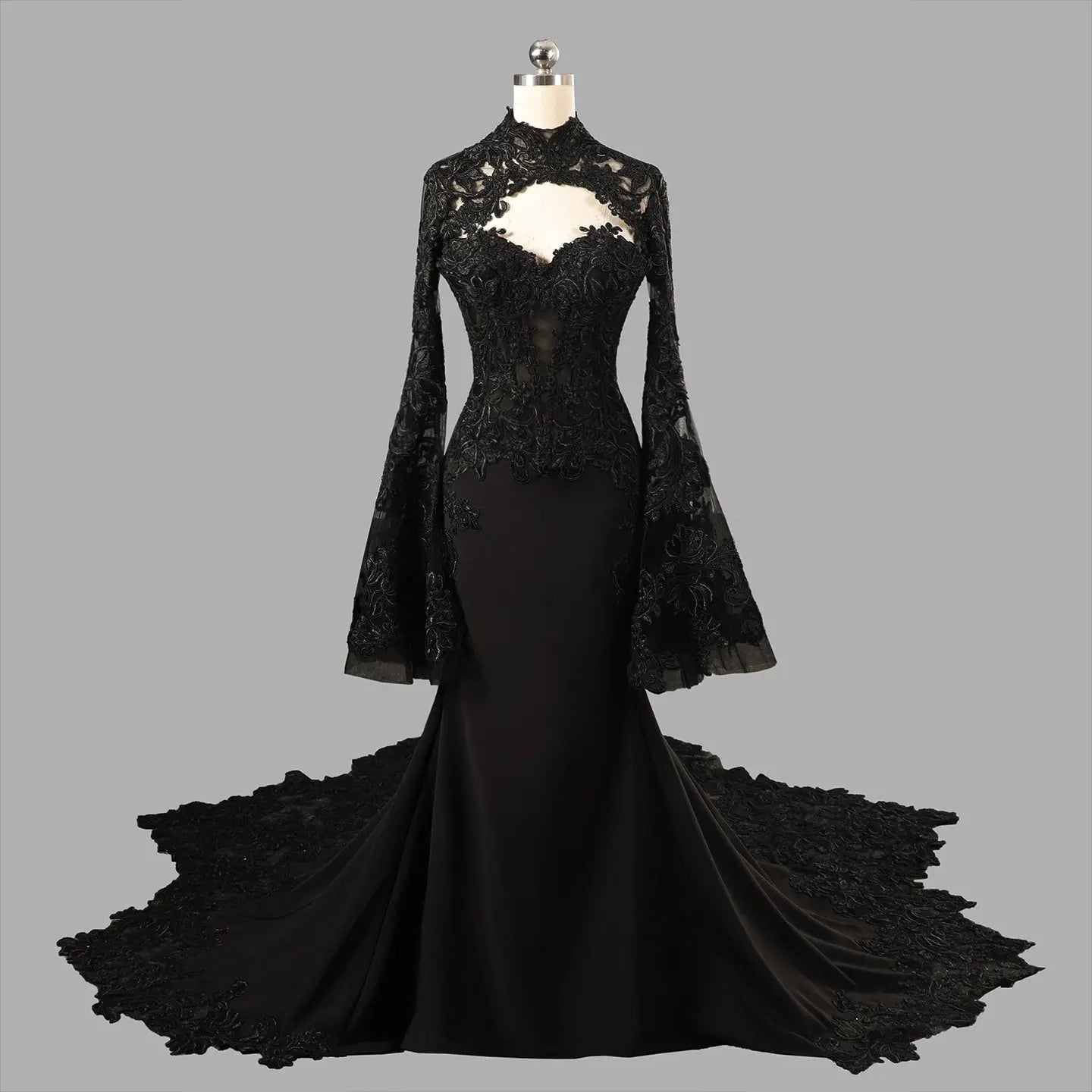 Black Luxury Gothic  Wedding Dress Sheer Lace Mermaid  ZP200