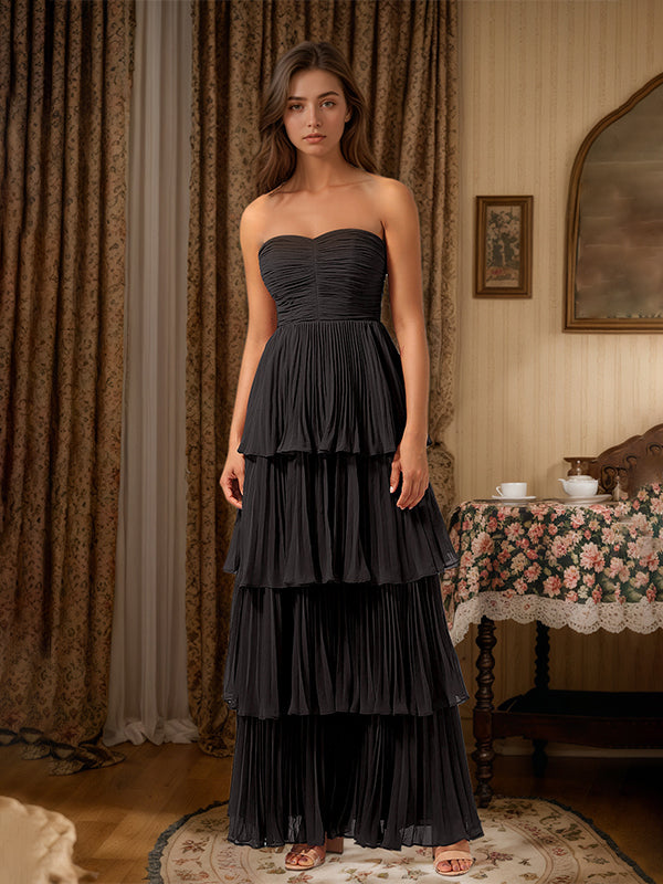 Burgundy A-Line Sweetheart Floor-Length Tiered Chiffon Bridesmaid Dress - View 3 | FashionDia