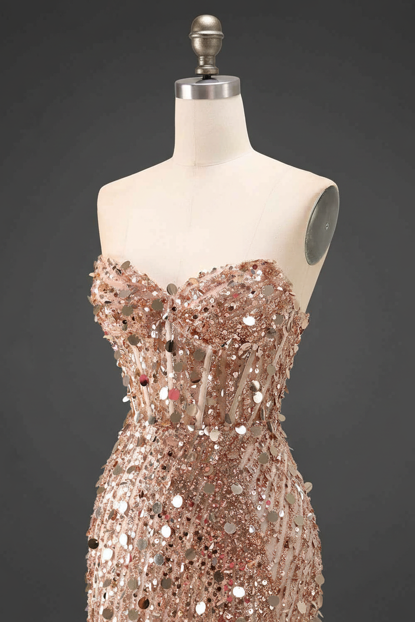 Sparkly Gold Mermaid Sequins Sweetheart Long Corset Prom Dress with Slit (ZD17394)