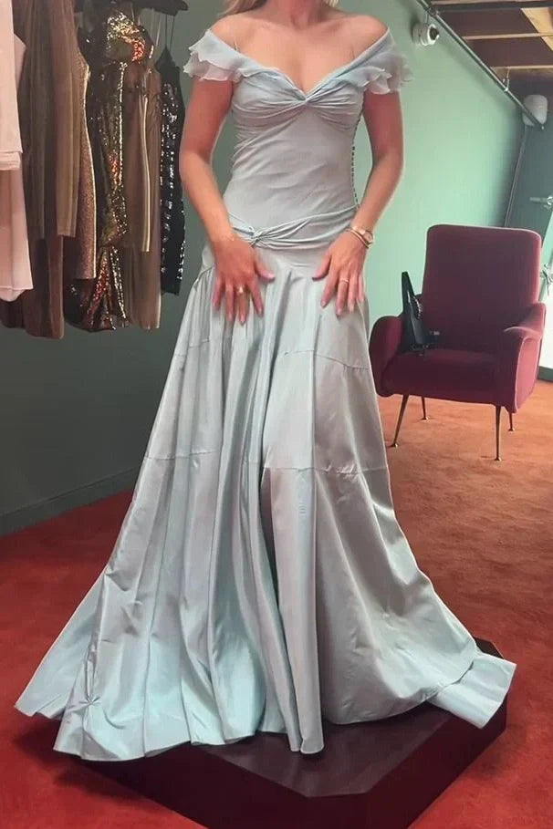 Retro Style A Line Off the Shoulder Grey Blue Long Party Dress with Ruffles