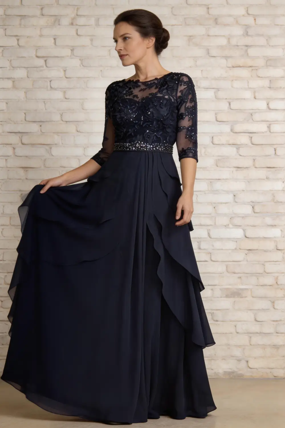 Navy Blue Lace Applique Chiffon Mother of the Bride Dress (ZD17163)