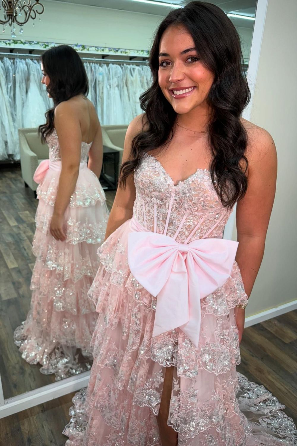 Sparkly Pink A-Line Sweetheart Long Tiered Sequin Prom Dress with Slit
