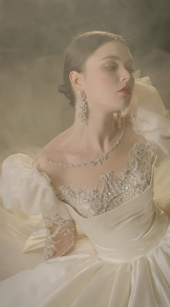 Regal Ball Gown Illusion Neckline Tulle Puff Sleeve Beaded Lace Wedding Dress with Oversized Bow Train E-304 (ZD16888) - View 4 | VelvetHem