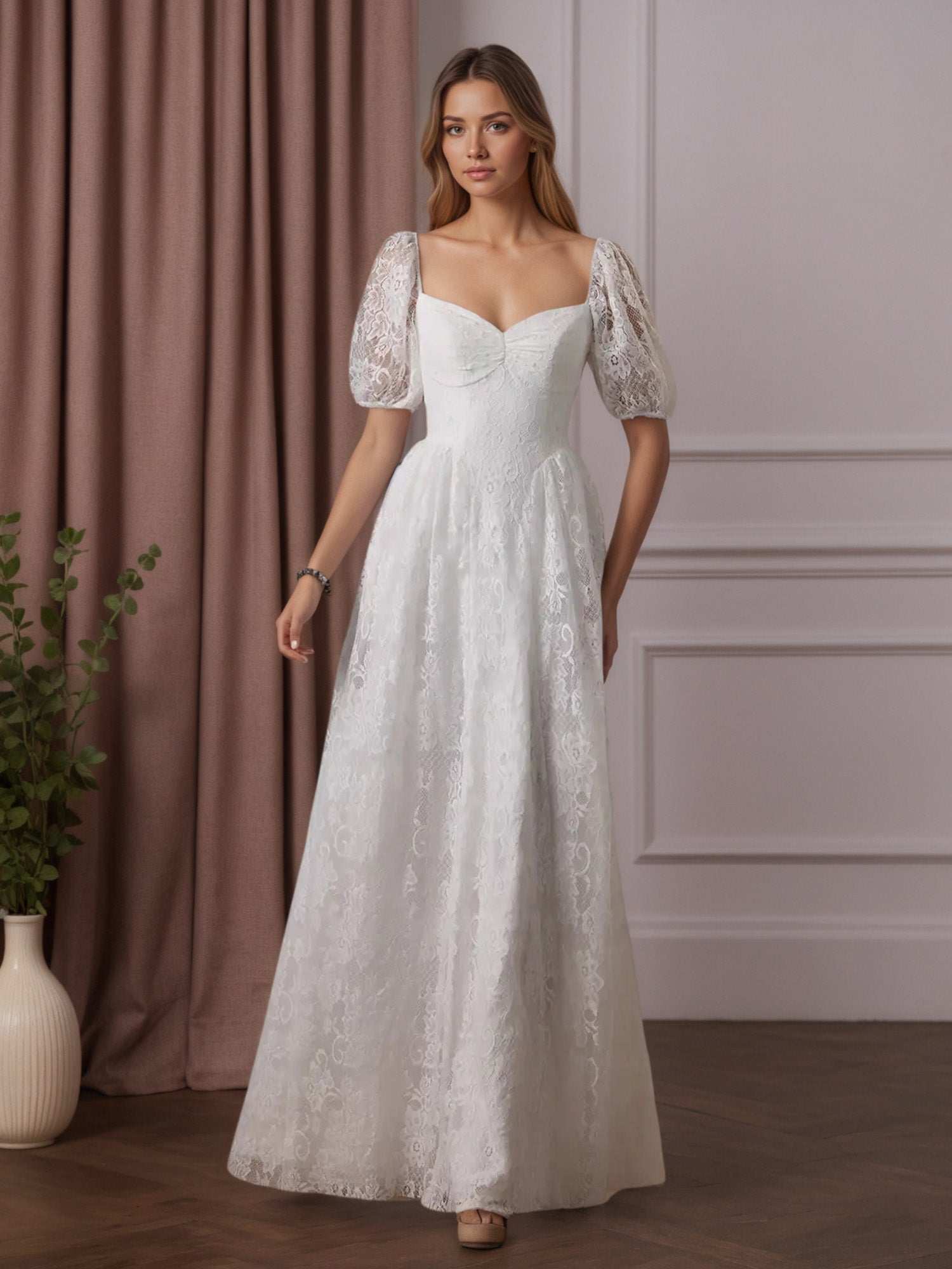 White A-Line Sweetheart Neckline Lace Wedding Dress