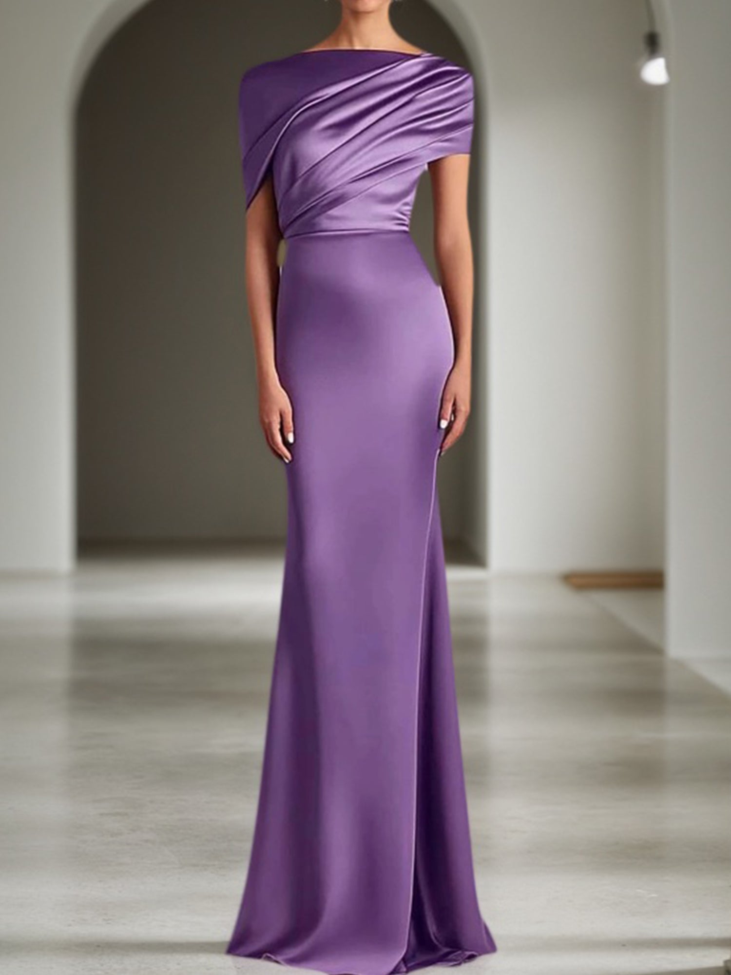 Fall Wedding Guest Dress Satin Purple Ruched Maxi Dress
