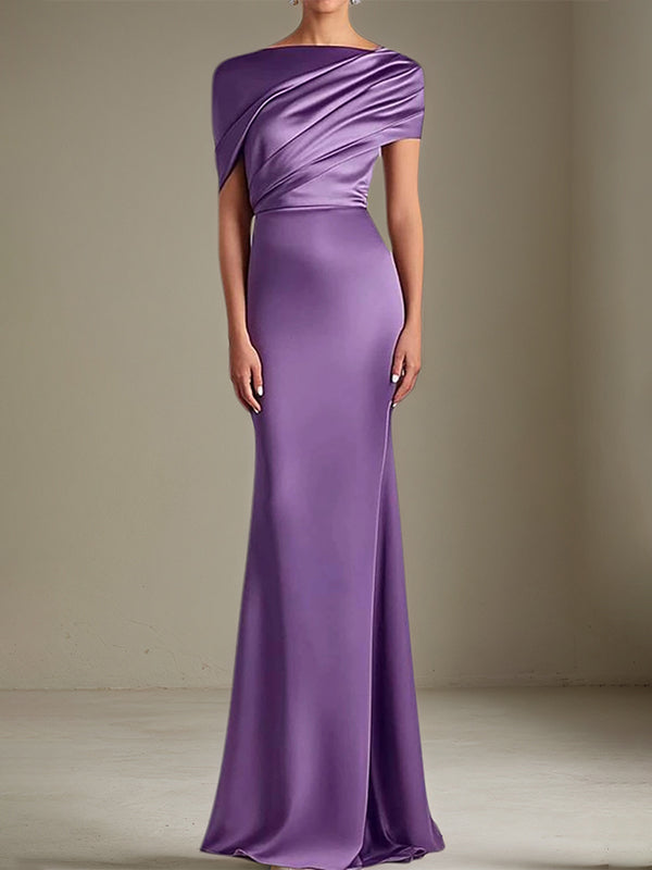Satin Wedding Guest Dresses Asymmetrical Neck Floor Length Dress