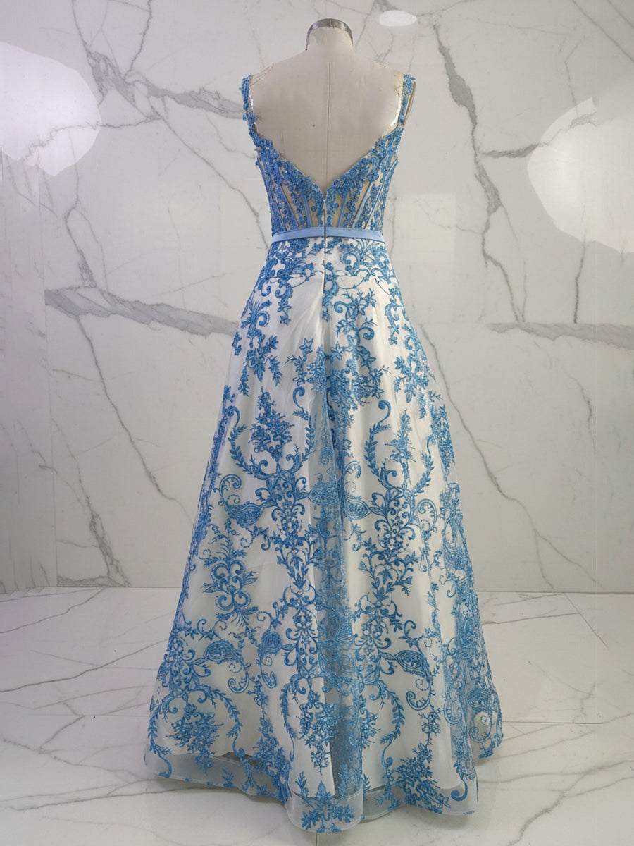 Blue Floral A Line Baroque Lace Corset Long Prom Dress