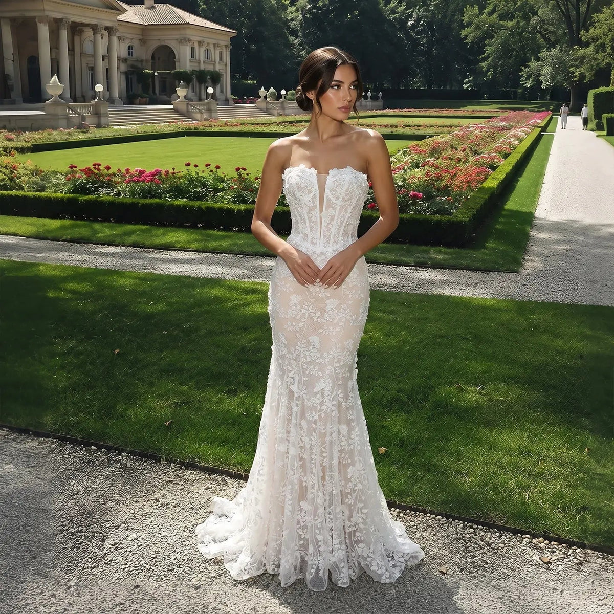 White Nude Lace Fairytale  Mermaid Wedding Dress 3D Floral  Train  ZP037