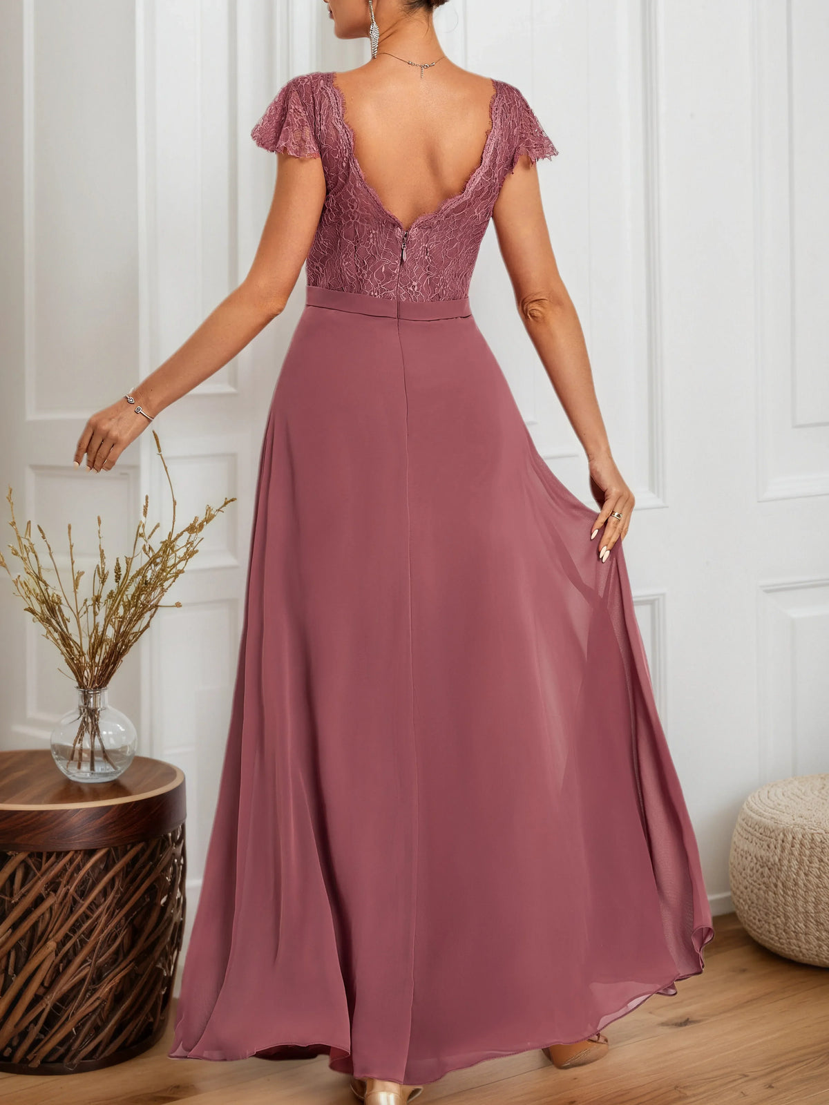 Watermelon Red Lace V-Neck Short Sleeve A-Line Maxi Dress - View 2 | FashionDia