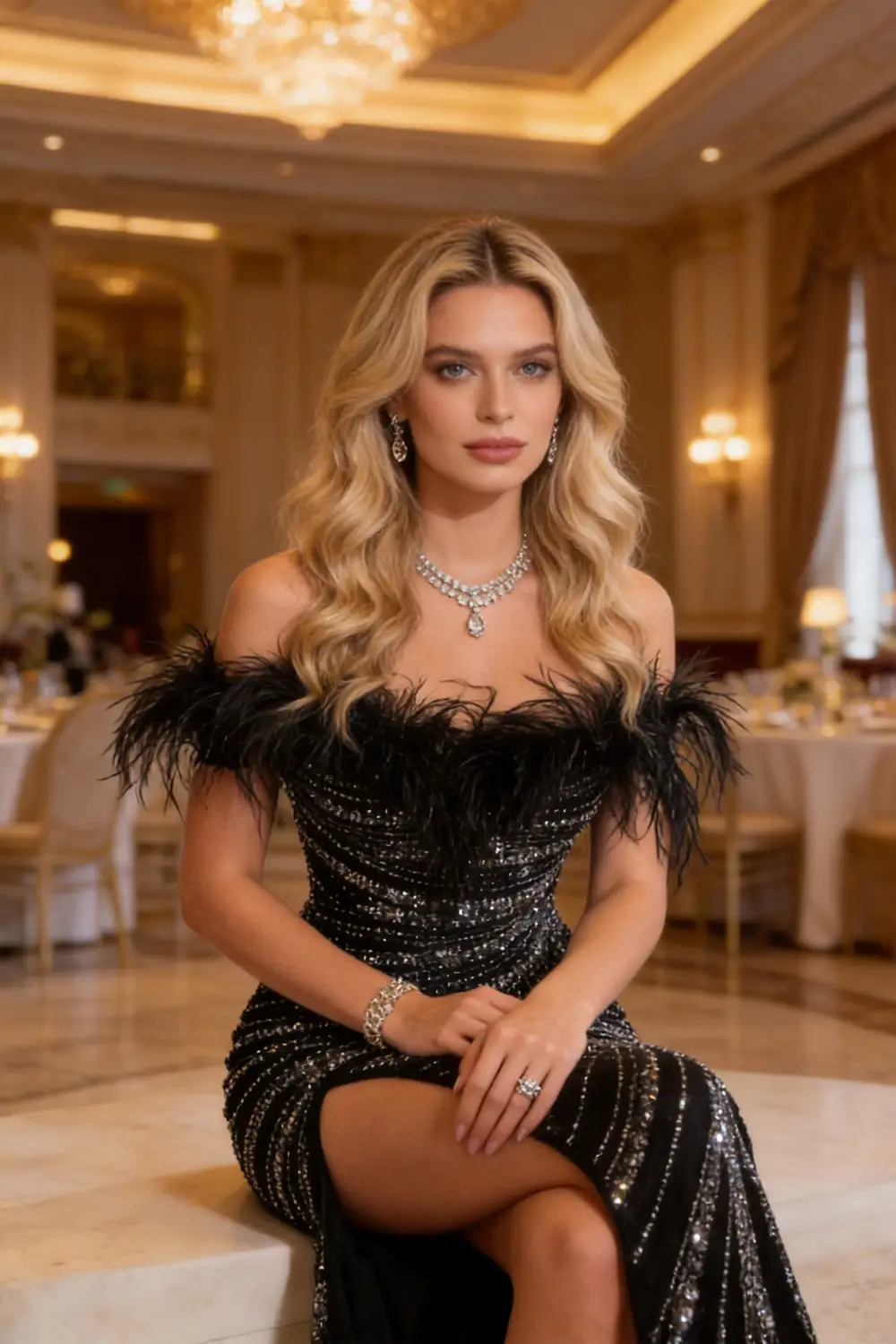 Off Shoulder Feather Trim Mermaid Evening Gown With Rhinestones (ZD17123)