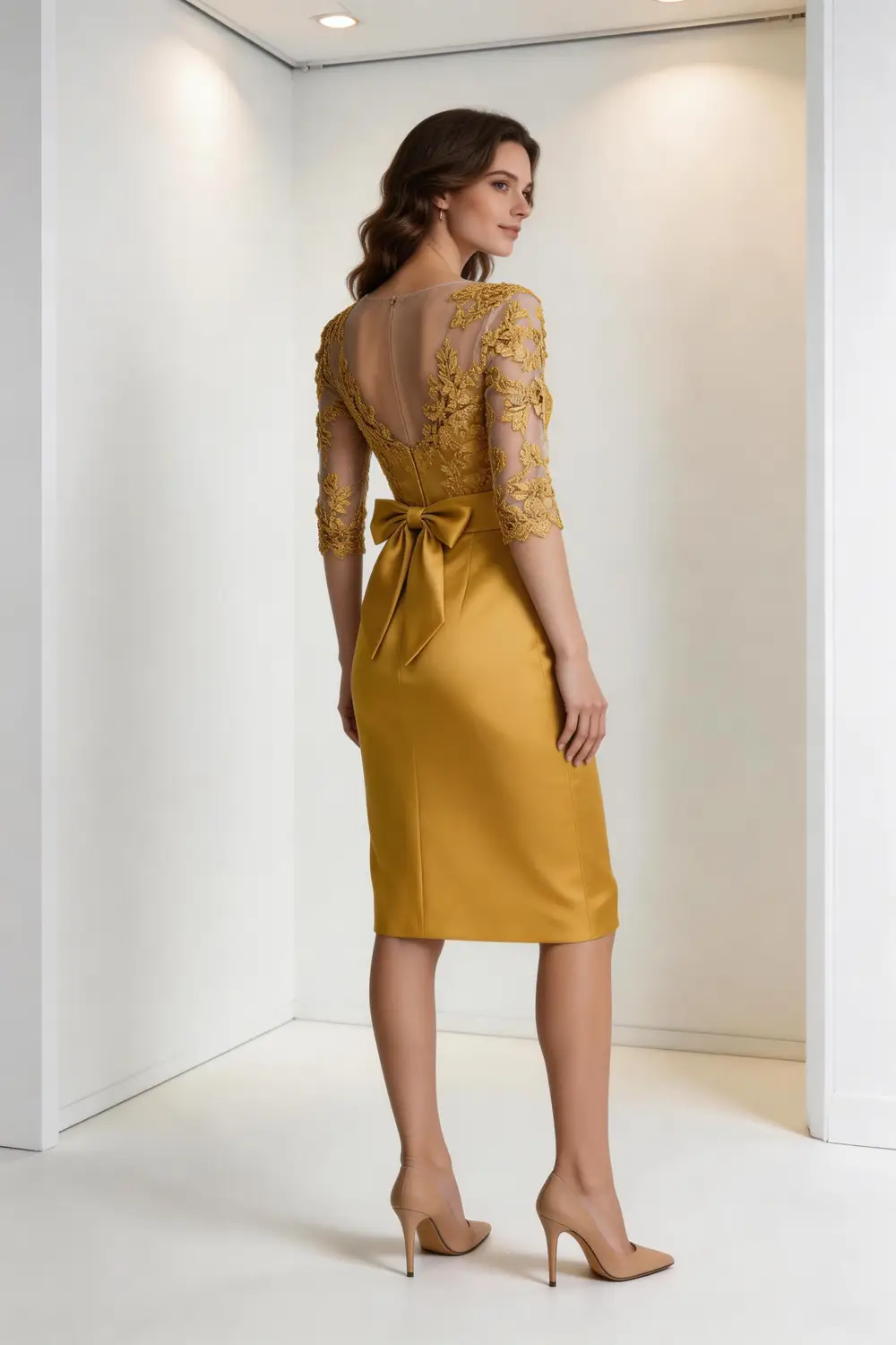 Gold Lace Illusion Neck Satin Sheath Dress With Bow Waist (ZD17151)