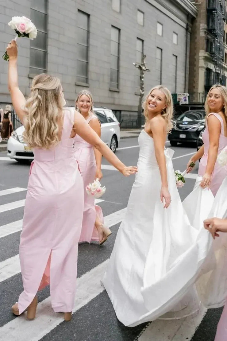 Pink Straps Sheath Square Neck Satin Sleeveless Long Bridesmaid Dress