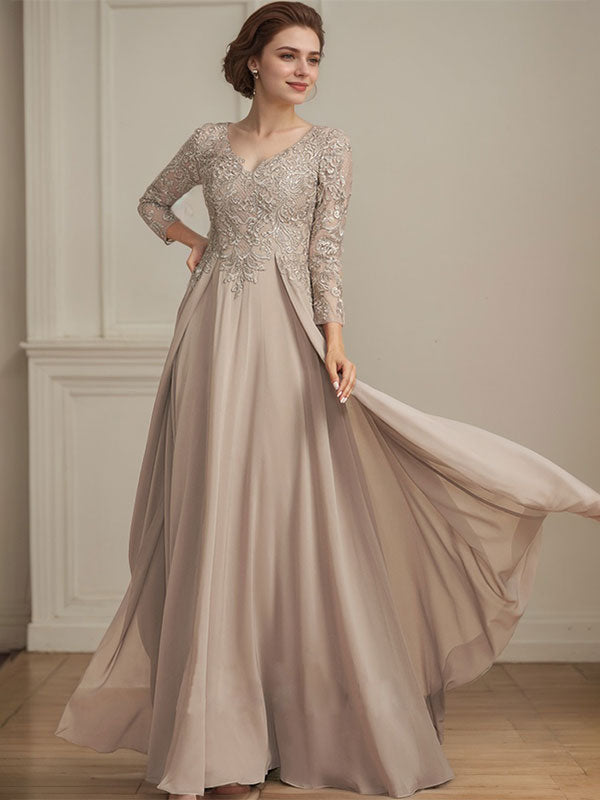 A-line V-Neck Floor-Length Lace Chiffon Mother of the Bride Dress With Sequins - View 3 | FashionDia