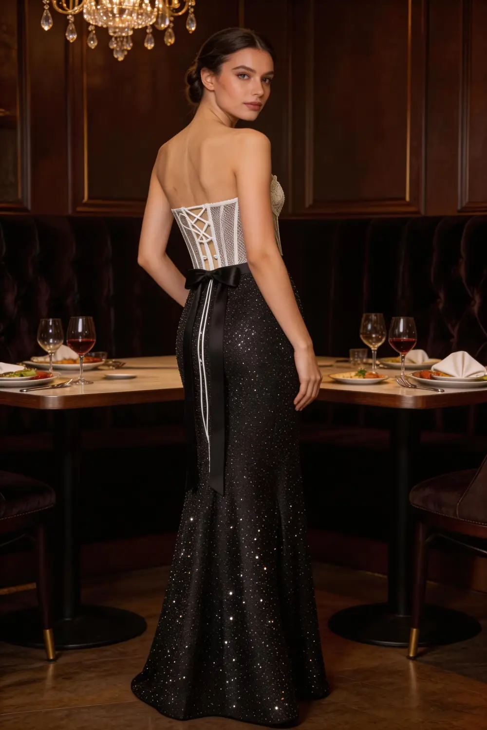 White Lace Corset Strapless Mermaid Prom Dress With Black Satin Bow (ZD17141)
