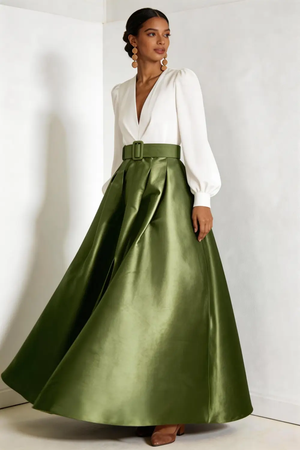 Two Piece Sage Green Satin Maxi Skirt Set With White V Neck Blouse (ZD17148)