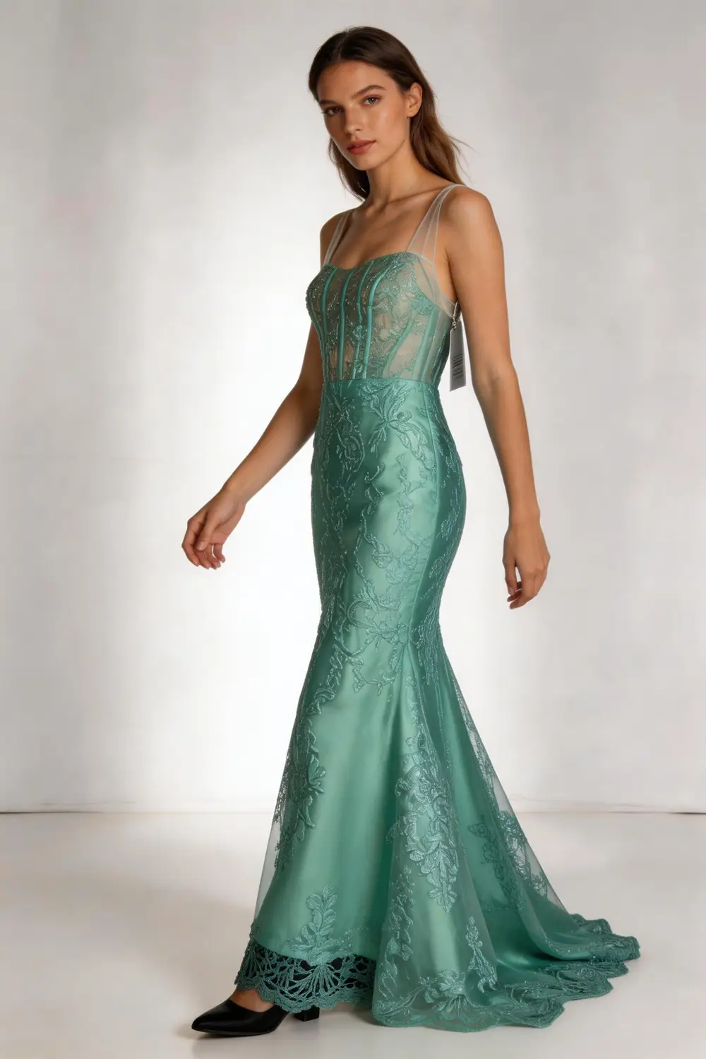 Mint Green Lace Applique Mermaid Evening Gown With Sheer Corset Bodice (ZD17139)