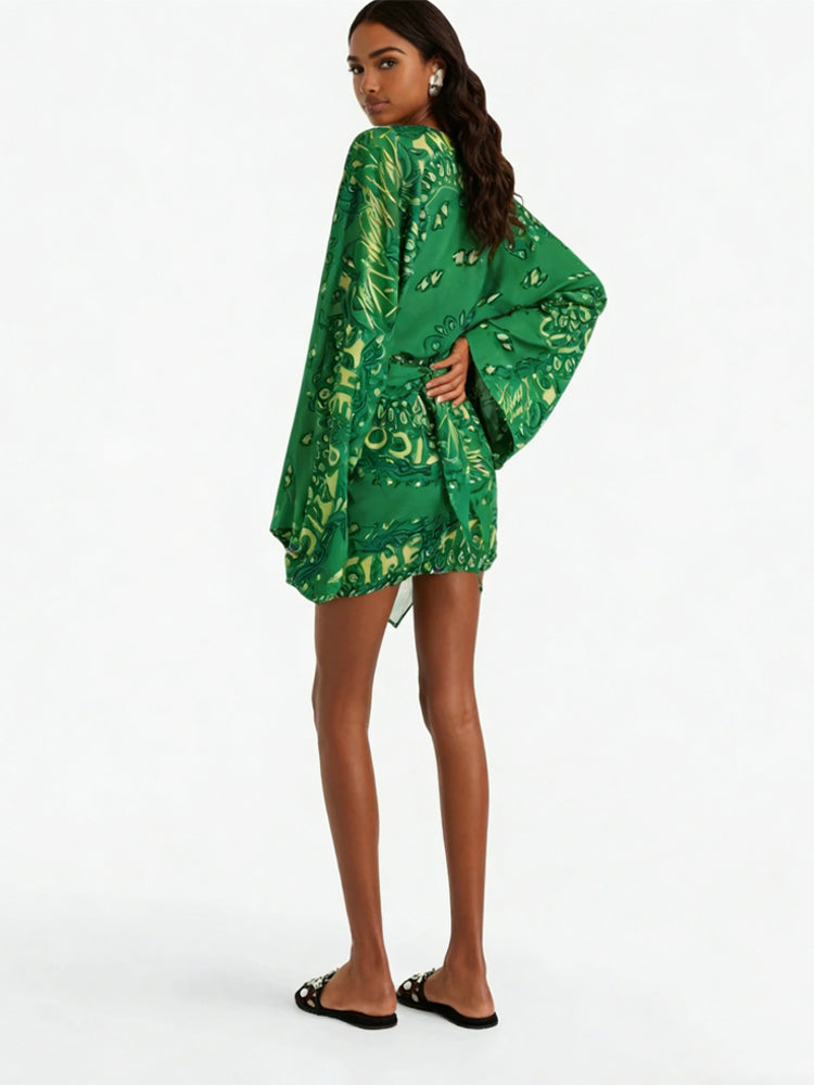 Green Paisley Kimono Sleeve Mini Dress