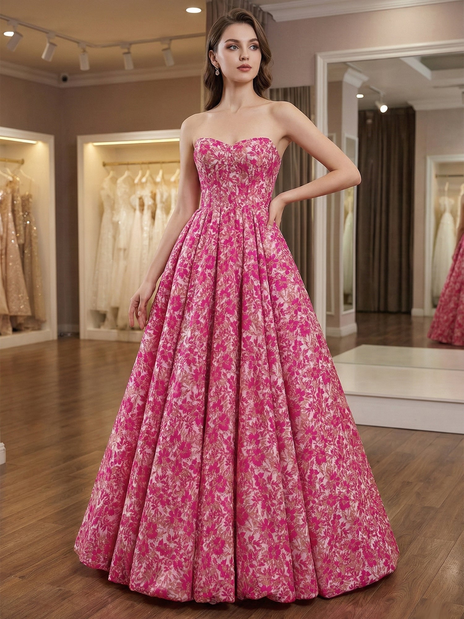 Radiant Rose Pink Floral Brocade Strapless A-Line Prom Dress