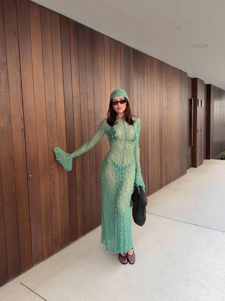 Green Sheer Dot Maxi Dress