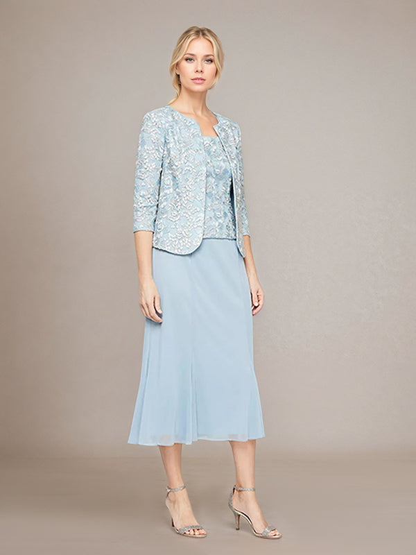 Sheath/Column Chiffon Square Neck Sleeveless Tea Length Mother of the Bride Dress