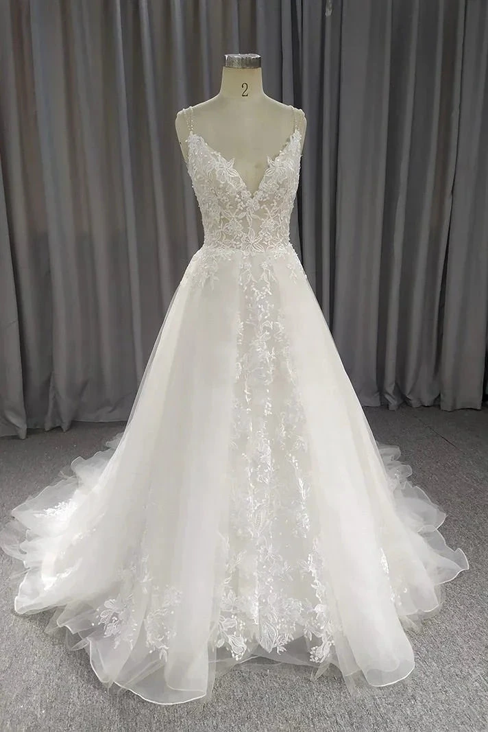 A Line Spaghetti Straps Wedding Dress With Applique, Simple V Neck Bridal Gown (ZD13682)