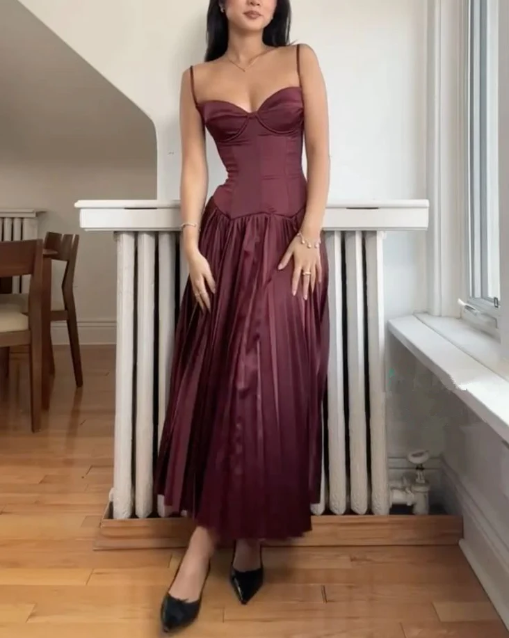 Beautiful A line Spaghetti Straps Burgundy Long Satin Party Dresses Prom Dress