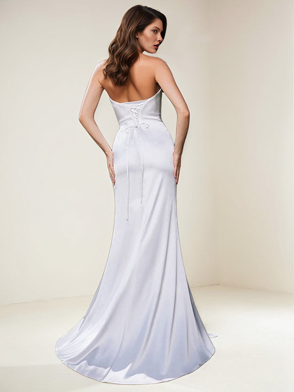 Off White Satin Off The Shoulder Floor Length Dress With High Slit