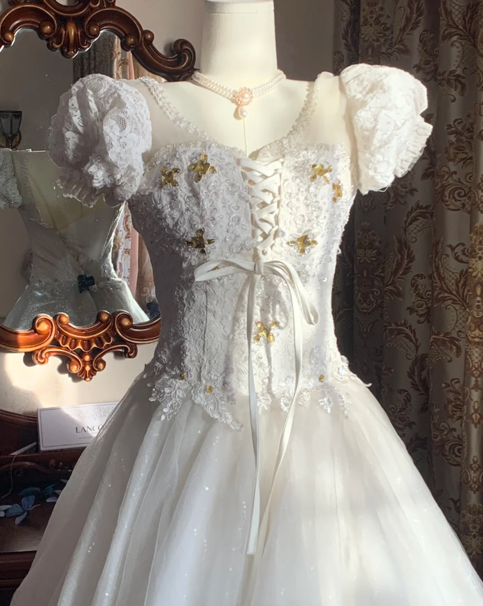 Classy White Ball Gown Tulle Lace Beaded Long Wedding Dress Formal Bridal Dress