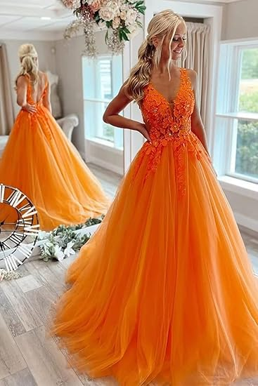 Elegant v-neck orange prom dress with appliques  C984